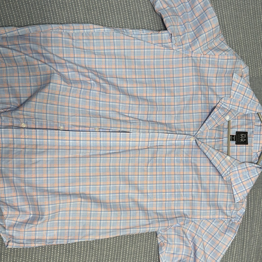 Jos A Bank Men's Blue and Orange Short Sleeve Plaid Shirt